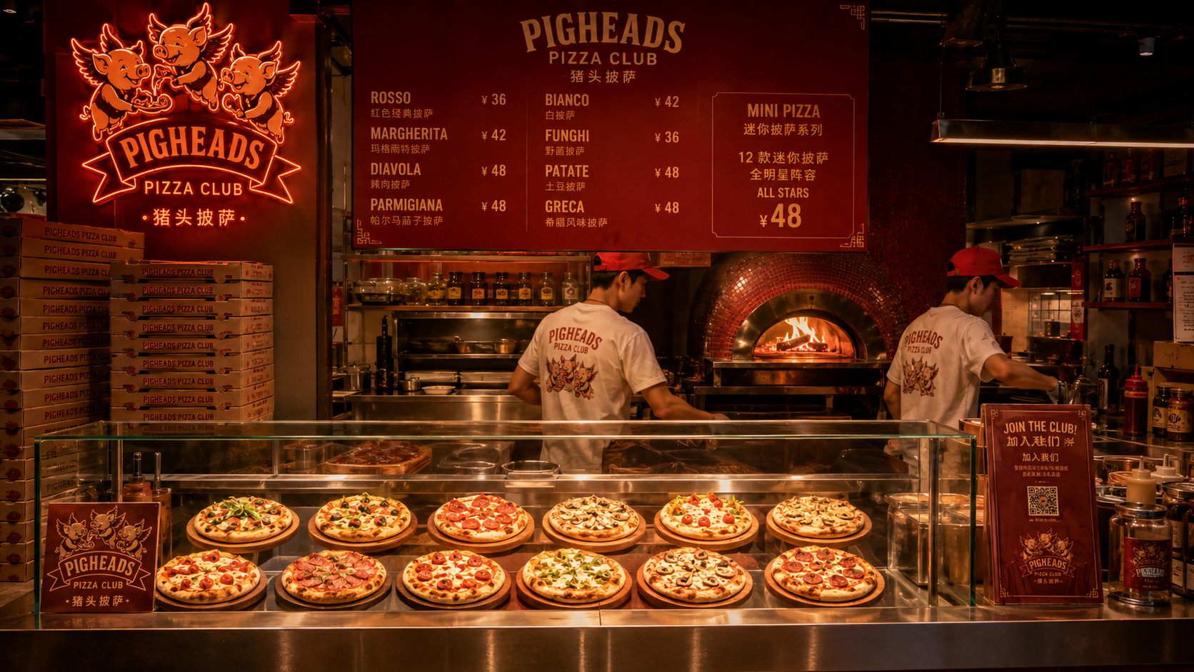 Pigheads counter with mini pizza display and wood-fired oven