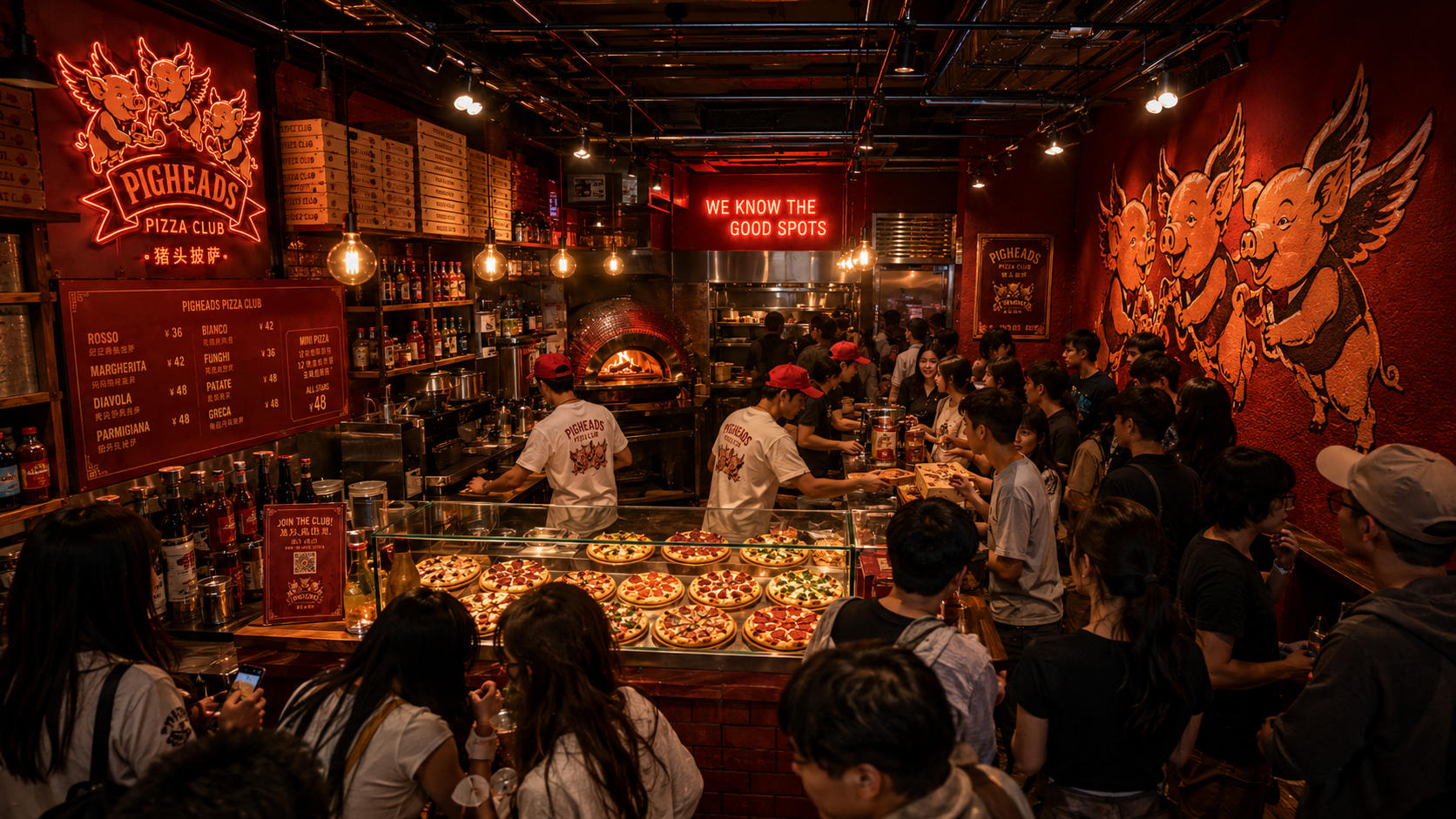 Pigheads interior: neon logo, flying pigs mural, crowd at the counter