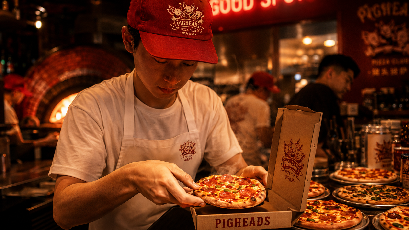 Pigheads crew member placing a mini pizza in a branded box